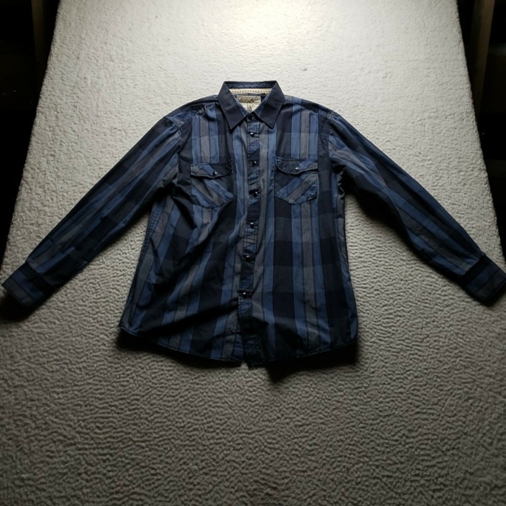 Coastal Shirt Mens Large Blue Plaid Stripe Long Sleeve Cotton Blend Button-Up